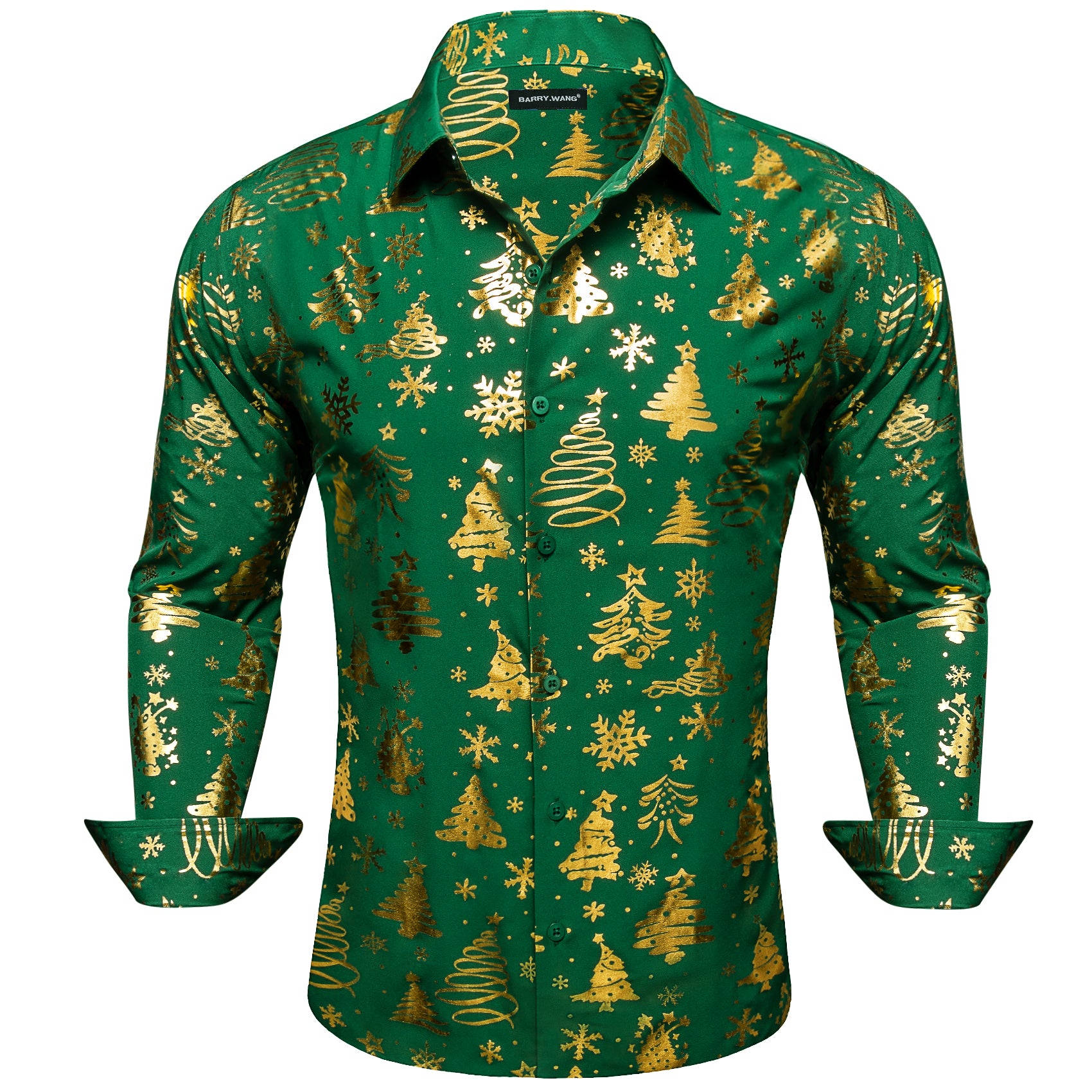 Barry. Wang Holiday Green Dress Shirt Gold Xmas Pattern Silk Mens Long Sleeve Shirt