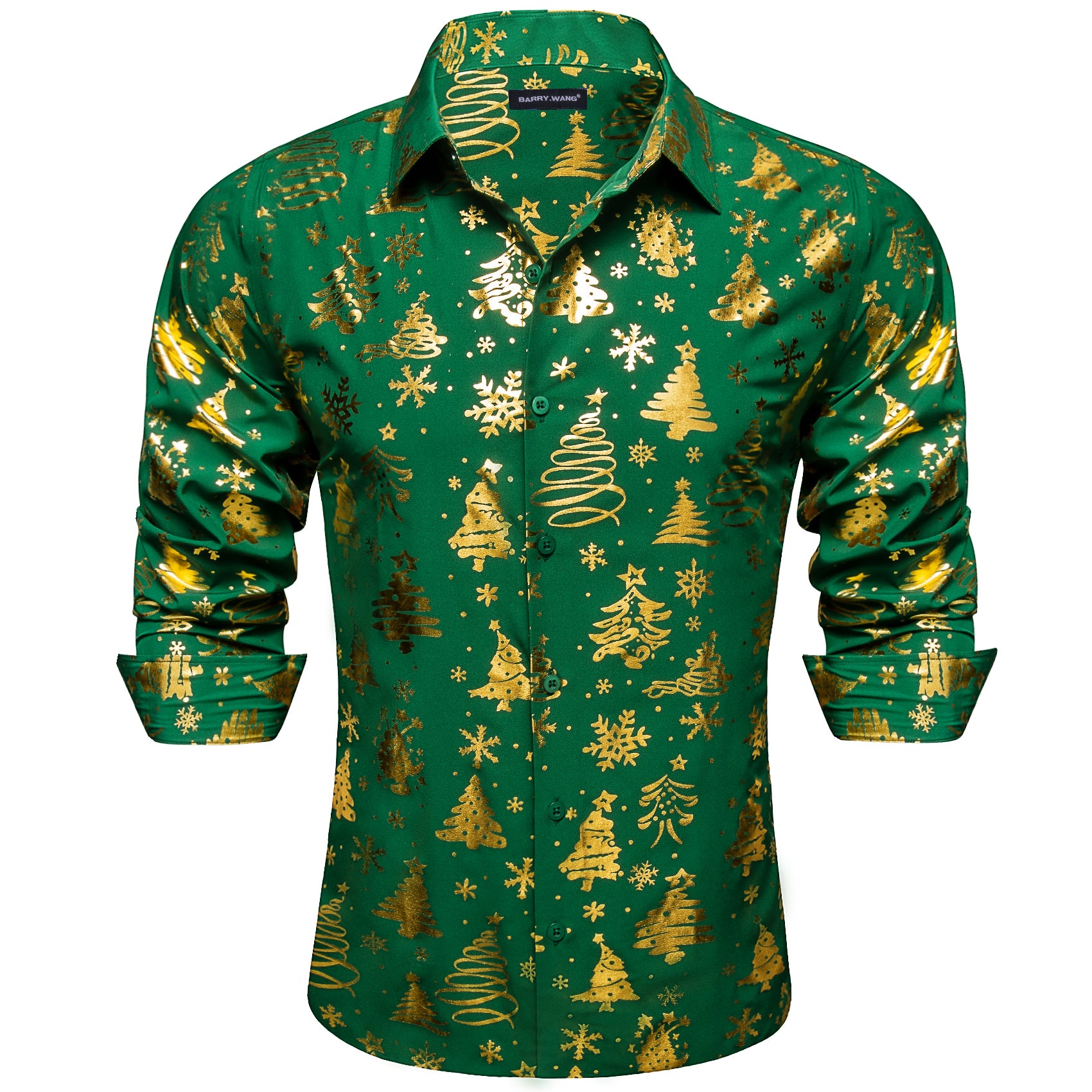 Barry. Wang Holiday Green Dress Shirt Gold Xmas Pattern Silk Mens Long Sleeve Shirt