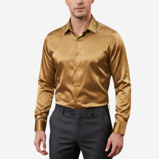 Barry. Wang Mens Gold Dress Shirt Solid Satin Formal Wedding Long Sleeve Shirt