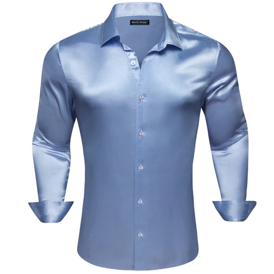 Barry. Wang Steel Blue Dress Shirt Regular Fit Satin Solid Wedding Button Down Shirt