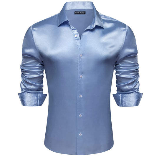 Barry. Wang Steel Blue Dress Shirt Regular Fit Satin Solid Wedding Button Down Shirt
