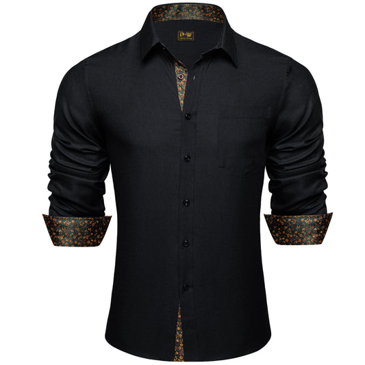 Barry. Wang Black Hunter Green Contrast Shirt Mens Silk Long Sleeve Button Down Business Shirt