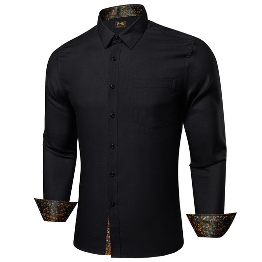 Barry. Wang Black Hunter Green Contrast Shirt Mens Silk Long Sleeve Button Down Business Shirt