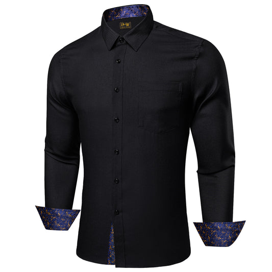 Barry. Wang Black Navy Contrast Shirt Mens Silk Long Sleeve Business Shirt