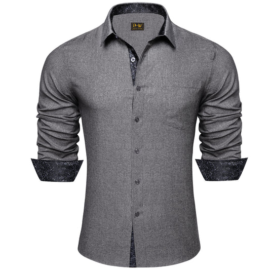 Barry. Wang Grey Black Contrast Shirt Mens Silk Long Sleeve Business Shirt