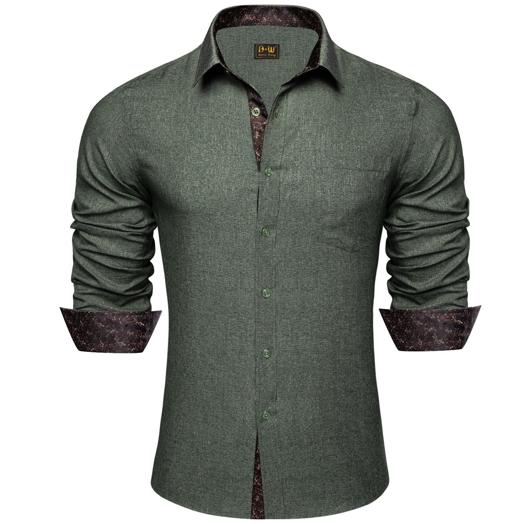 Barry. Wang Green Contrast Shirt Mens Silk Long Sleeve Business Shirt