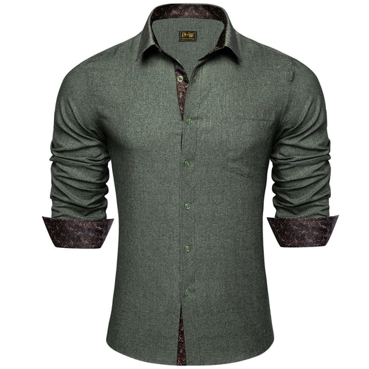 Barry. Wang Olive Brown Contrast Shirt Mens Silk Long Sleeve Business Shirt