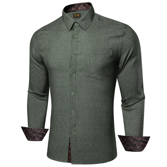 Barry. Wang Olive Brown Contrast Shirt Mens Silk Long Sleeve Business Shirt