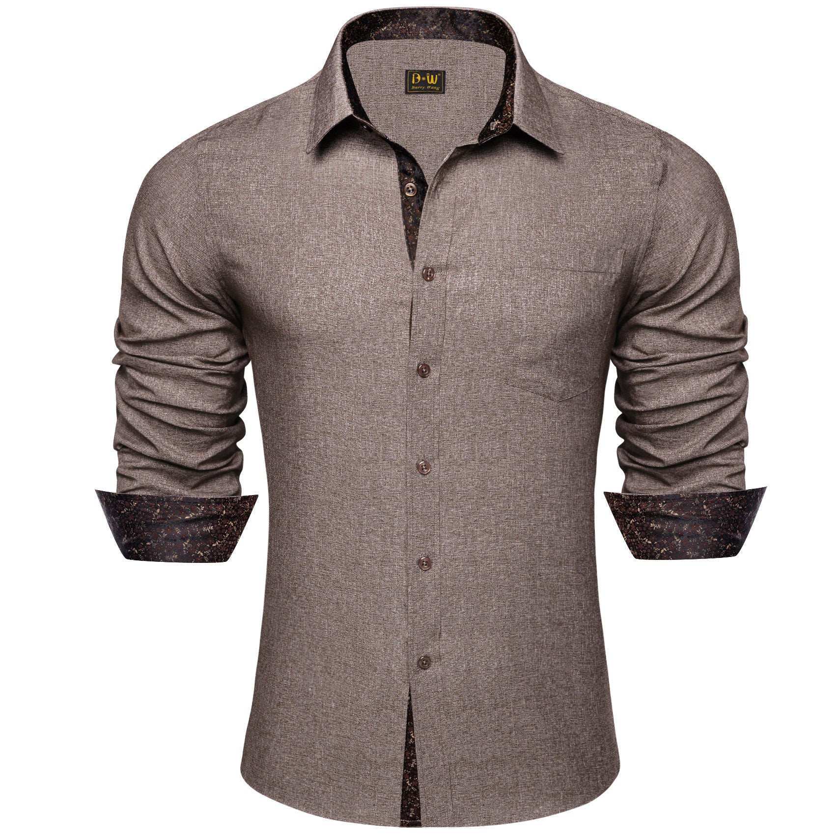 Barry. Wang Brown Contrast Shirt Mens Silk Long Sleeve Business Shirt, XL