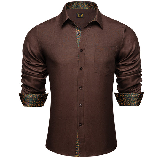 Barry. Wang Brown Contrast Shirt Contrast Collar Wrinkle Free Long Sleeve Shirt