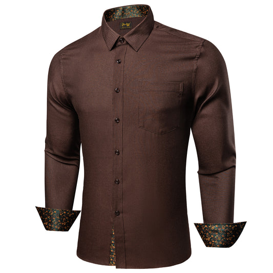 Barry. Wang Brown Contrast Shirt Contrast Collar Wrinkle Free Long Sleeve Shirt