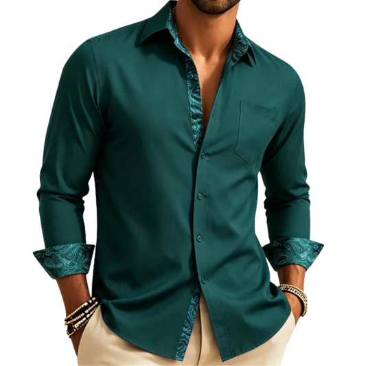 Barry. Wang Hunter Green Splicng Formal Shirt Business Work Long Sleeve Shirt