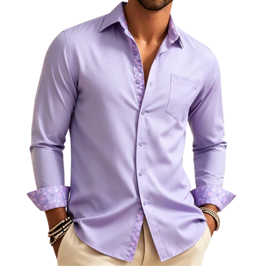 Barry. Wang Purple Lilac Splicing Dress Shirt Mens Business Casual Long Sleeve Shirt