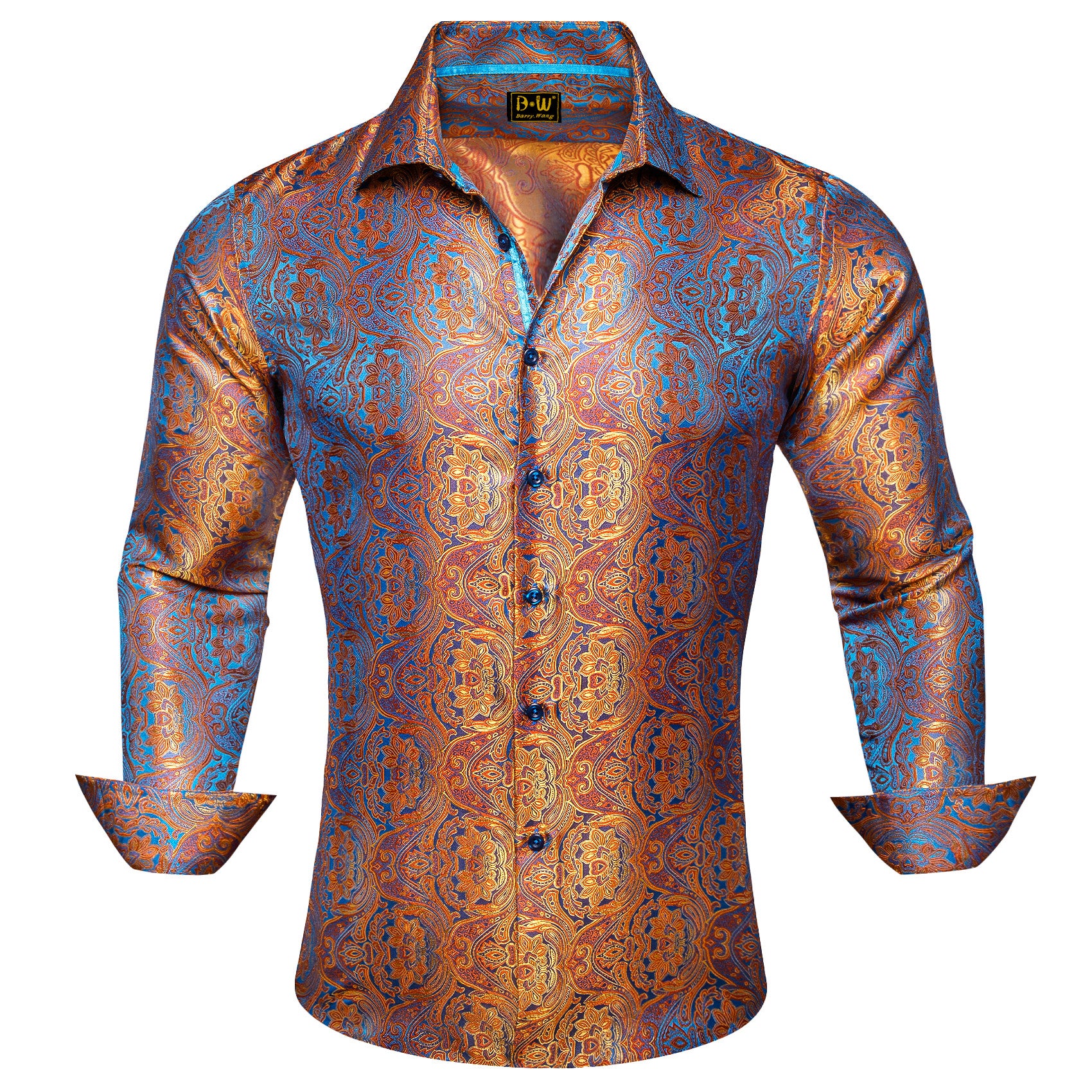 Barry. Wang Mens Button Down Shirt Orange Blue Floral Casual Silk Long Sleeve Dress Shirt