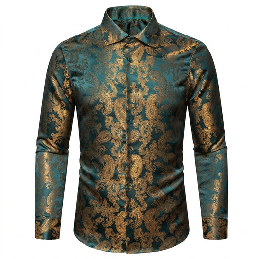 Barry. Wang Dark Green Party Long Sleeve Shirt for Men Paisley Silk Jacquard Wedding Shirt