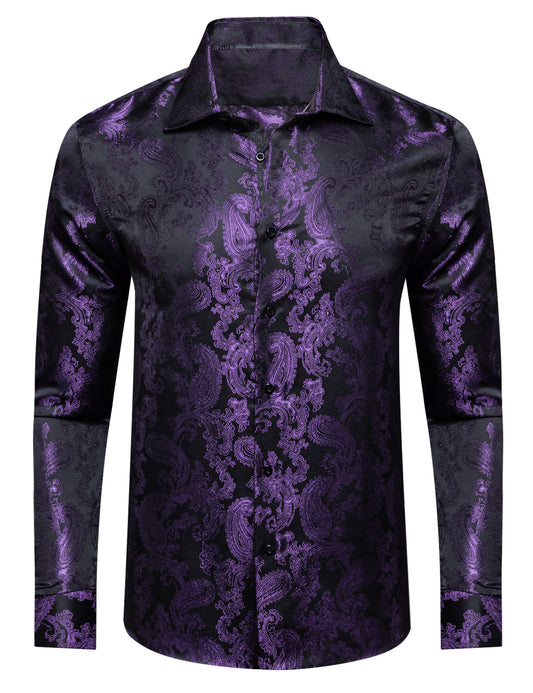 Barry. Wang Men's Purple Paisley Dress Shirt Silk Woven Wrinkle Free Business Casual Shirt