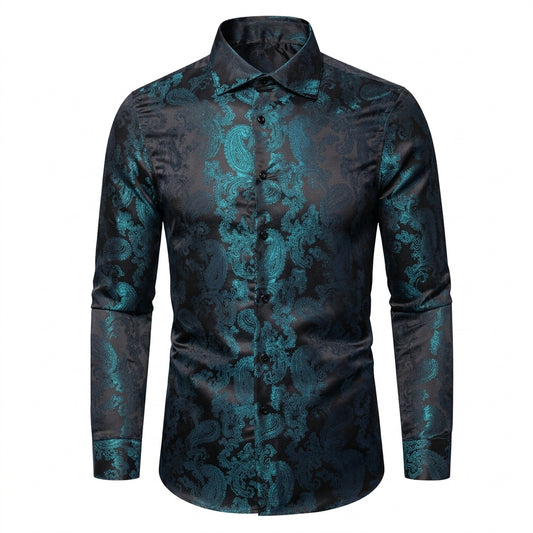 Barry. Wang Men Regular Fit Paisley Shirt Wrinkle Free Silk Jacquard Teal Blue Wedding Dress