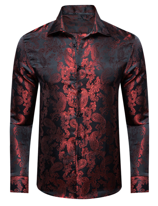 Barry. Wang Men's Evening Formal Long Sleeve Shirt Anti Wrinkle Black Red Paisley Jacquard Top