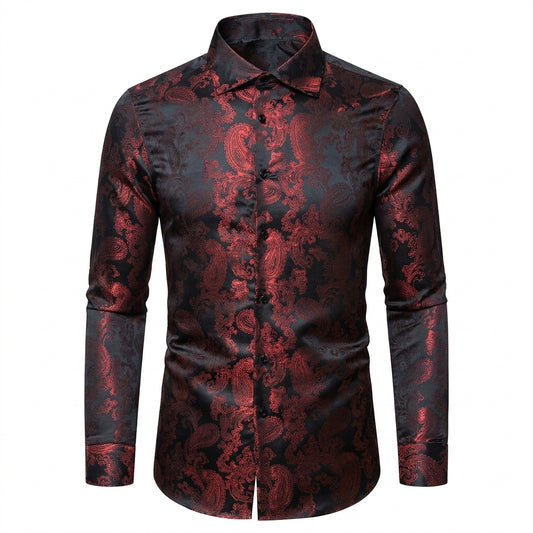 Barry. Wang Men's Evening Formal Long Sleeve Shirt Anti Wrinkle Black Red Paisley Jacquard Top