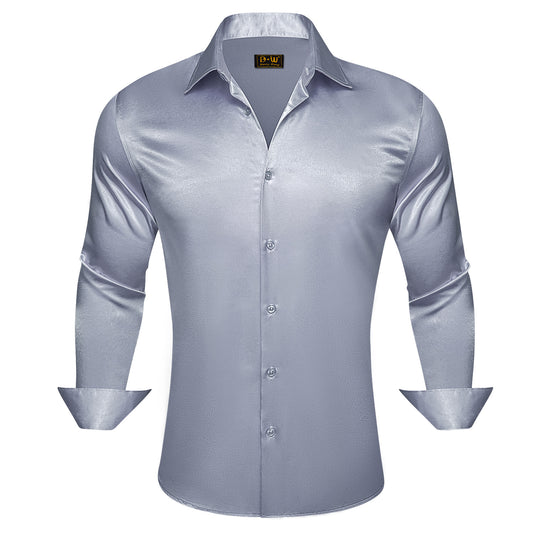 Barry. Wang Grey Satin Mens Dress Shirts Long Sleeve Solid Formal Shirt
