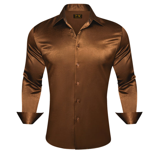 Barry. Wang Rust Satin Mens Dress Shirts Long Sleeve Solid Formal Shirt