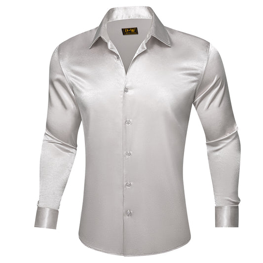 Barry. Wang Grey Satin Mens Dress Shirts Long Sleeve Solid Collar Formal Shirt
