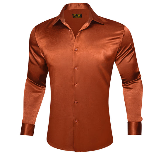 Barry. Wang Burnt Orange Satin Mens Long Sleeve Shirt Solid Collar Formal Shirt