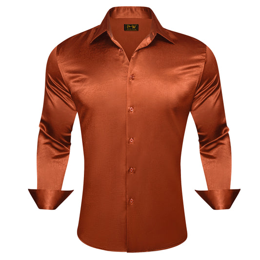 Barry. Wang Burnt Orange Satin Mens Long Sleeve Shirt Solid Collar Formal Shirt