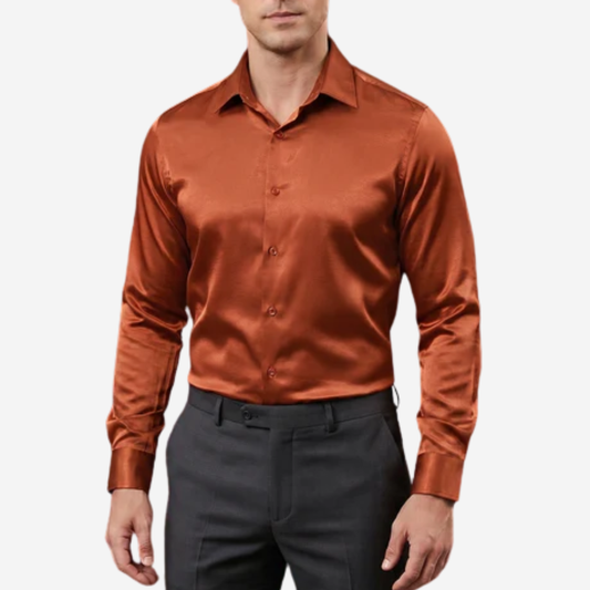 Barry. Wang Mens Burnt Orange Formal Shirt Satin Business Casual Button Down Shirt