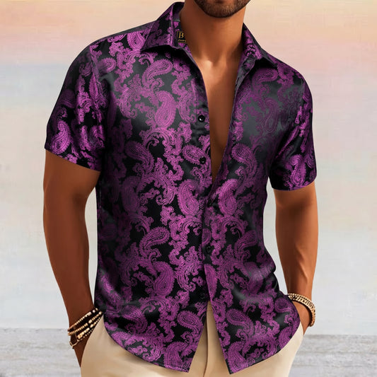 Barry. Wang Black Purple Paisley Short Sleeve Shirt for Men Silk Jacquard Button Up Party Casual Shirt
