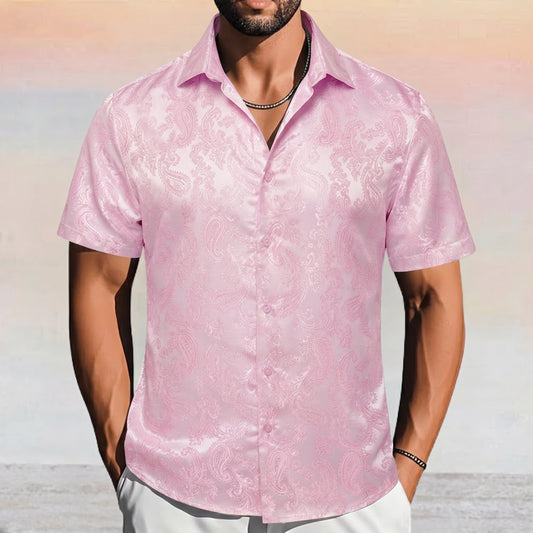Barry. Wang Men's Pink Paisley Short Sleeve Shirt Silk Jacquard Woven Button Down Casual Shirt