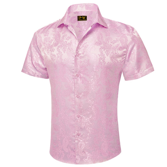 Barry. Wang Men's Pink Paisley Short Sleeve Shirt Silk Jacquard Woven Button Down Casual Shirt