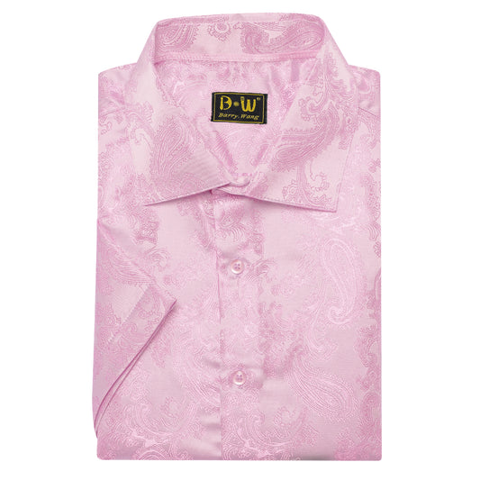 Barry. Wang Men's Pink Paisley Short Sleeve Shirt Silk Jacquard Woven Button Down Casual Shirt