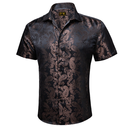 Barry. Wang Men's Coffee Evening Formal Short Sleeve Shirt Woven Texture Silk Party Tops Regular Fit
