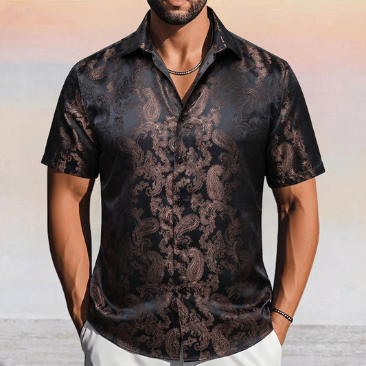 Barry. Wang Men's Coffee Evening Formal Short Sleeve Shirt Woven Texture Silk Party Tops Regular Fit