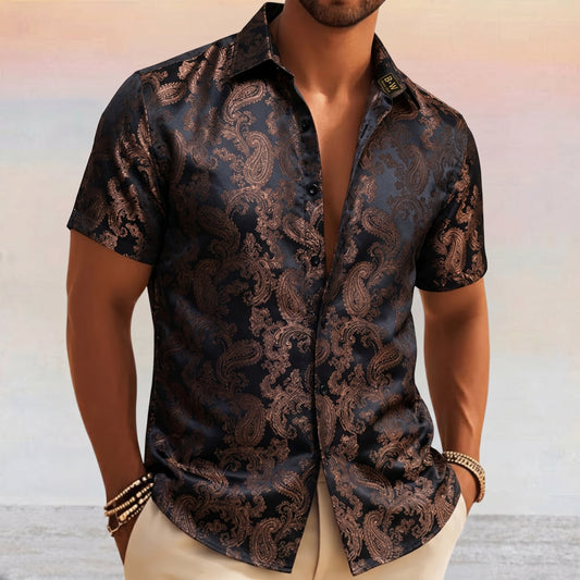 Barry. Wang Men's Coffee Evening Formal Short Sleeve Shirt Woven Texture Silk Party Tops Regular Fit