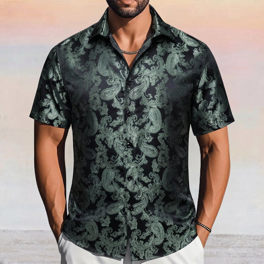 Barry. Wang Dark Green Summer Wedding Shirt for Men Luxury Paisley Silk Jacquard Party Dress Shirt