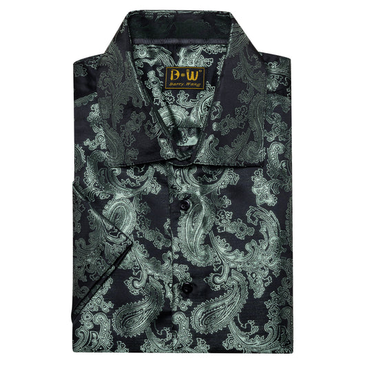 Barry. Wang Dark Green Summer Wedding Shirt for Men Luxury Paisley Silk Jacquard Party Dress Shirt