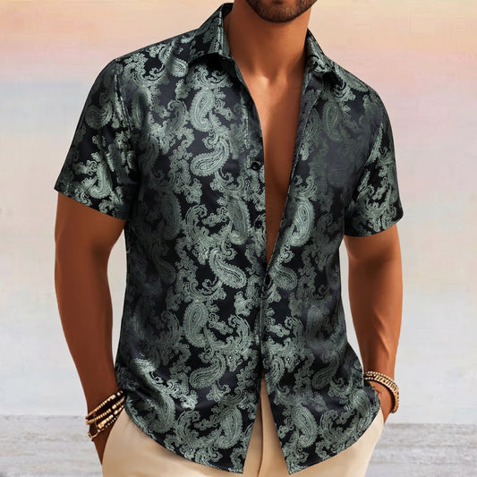 Barry. Wang Dark Green Summer Wedding Shirt for Men Luxury Paisley Silk Jacquard Party Dress Shirt