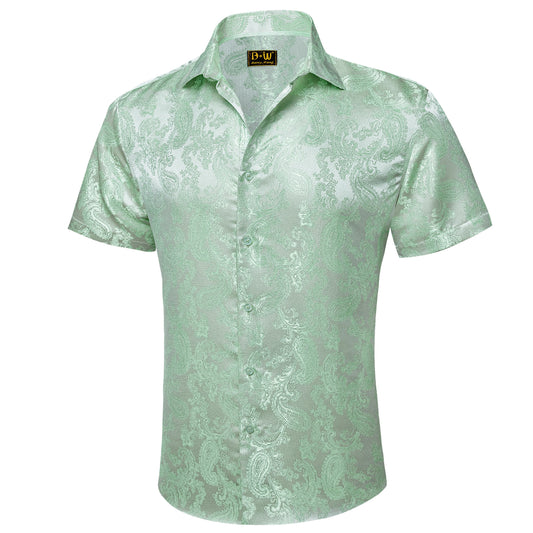 Barry. Wang Sage Green Wedding Shirt for Men Paisley Silk Jacquard Short Sleeve Prom Dress Shirt