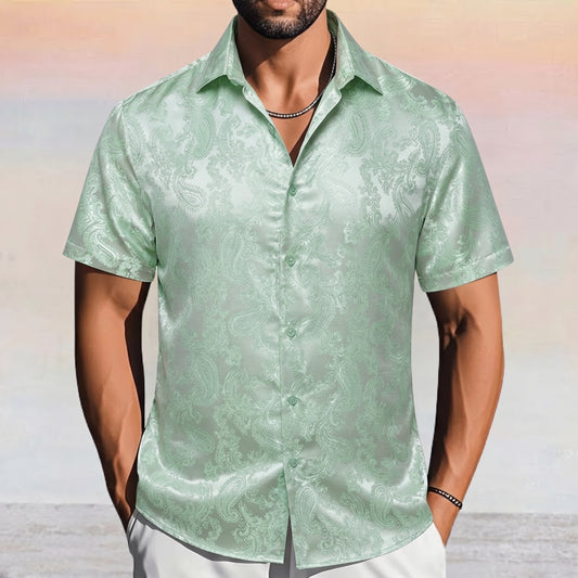 Barry. Wang Sage Green Wedding Shirt for Men Paisley Silk Jacquard Short Sleeve Prom Dress Shirt