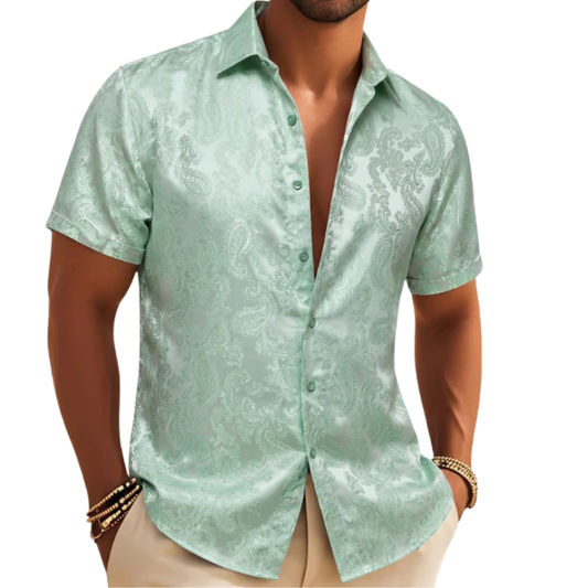 Barry. Wang Sage Green Wedding Shirt for Men Paisley Silk Jacquard Short Sleeve Prom Dress Shirt