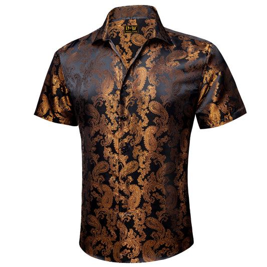 Barry. Wang Men's Black Gold Party Short Sleeve Shirt Paisley Silk Jacquard Wedding Shirt Regular Fit