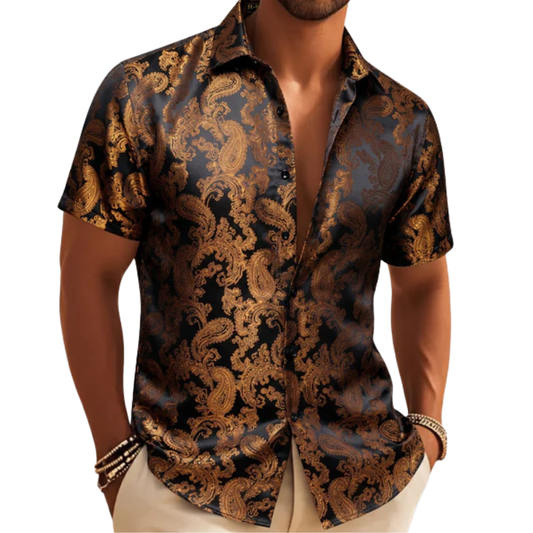 Barry. Wang Men's Black Gold Party Short Sleeve Shirt Paisley Silk Jacquard Wedding Shirt Regular Fit