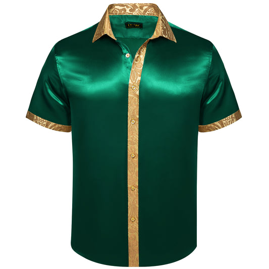 Barry. Wang Regular Fit Emerald Green Satin Shirt, Baroque Gold Brocade Trim Designer Top