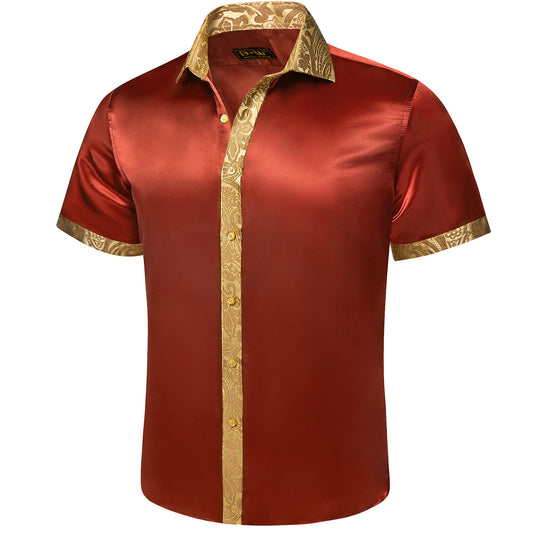 Barry. Wang Men's Rust Red Silky Satin Shirt, Gold Paisley Panelled Short Sleeve Nightclub Top