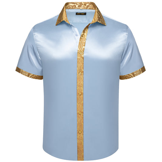 Barry. Wang Short Sleeve Ice Blue Silky Satin Shirt with Gold Paisley Trim Luxury Resort Shirt