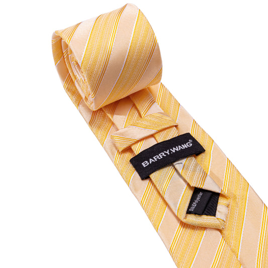 Barry. Wang Light Yellow Striped Necktie Set Silk Mens Tie Hanky Cufflinks 3.35 Inches for Wedding