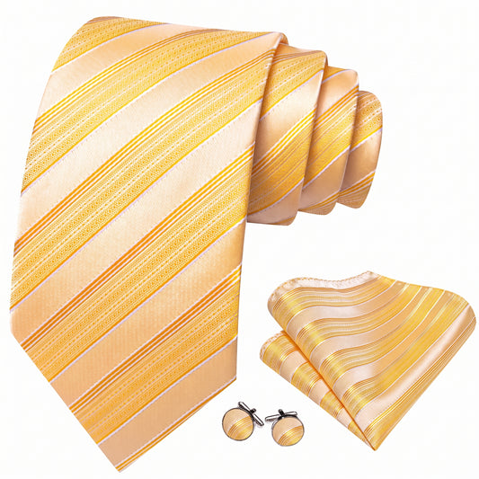 Barry. Wang Light Yellow Striped Necktie Set Silk Mens Tie Hanky Cufflinks 3.35 Inches for Wedding