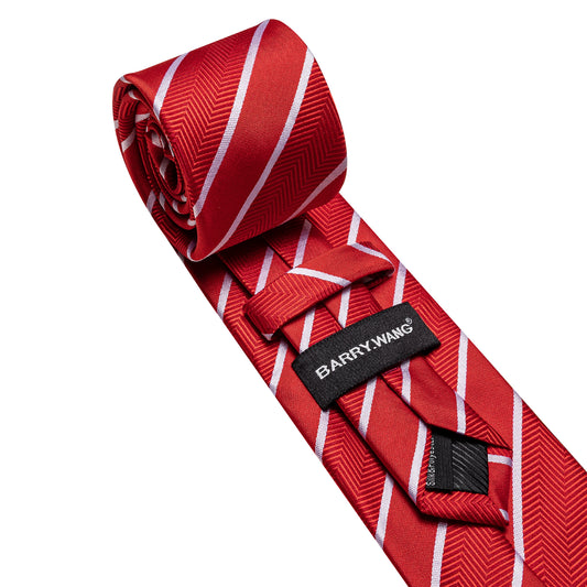 Barry. Wang Red Silk Necktie Set for Men Striped Tie Pocket Square Cufflinks for Wedding Prom